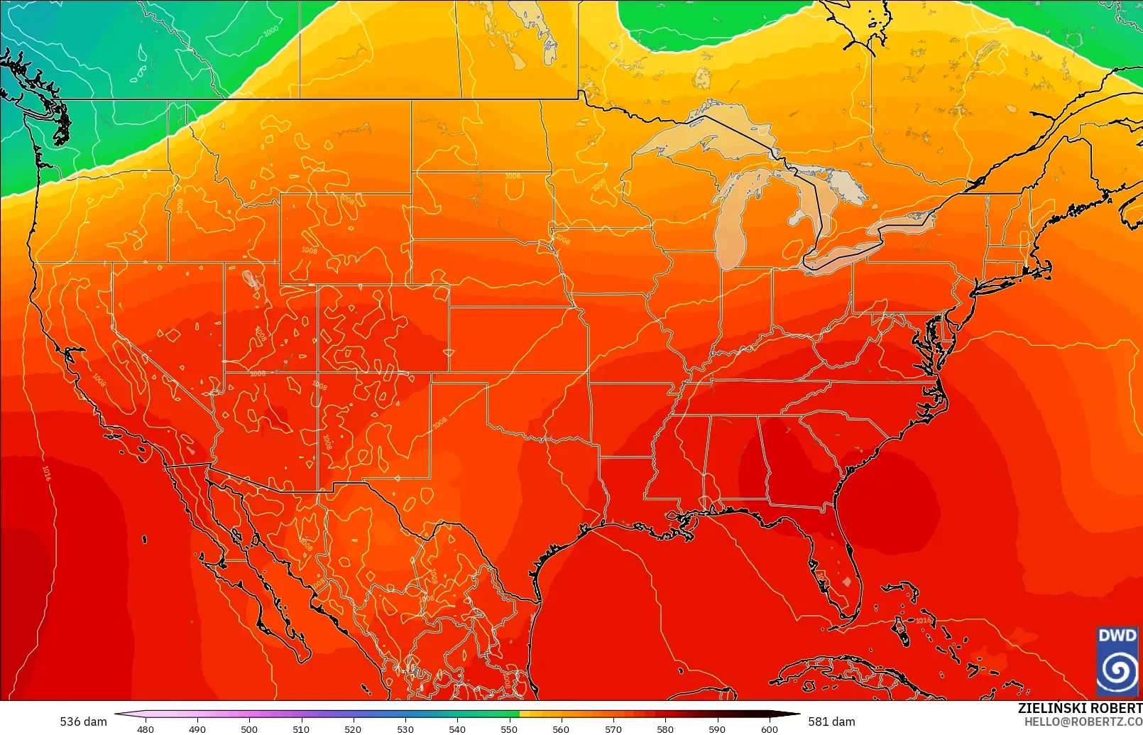 ICON modelo - Estados Unidos, Altura geopotencial a 500 hPa