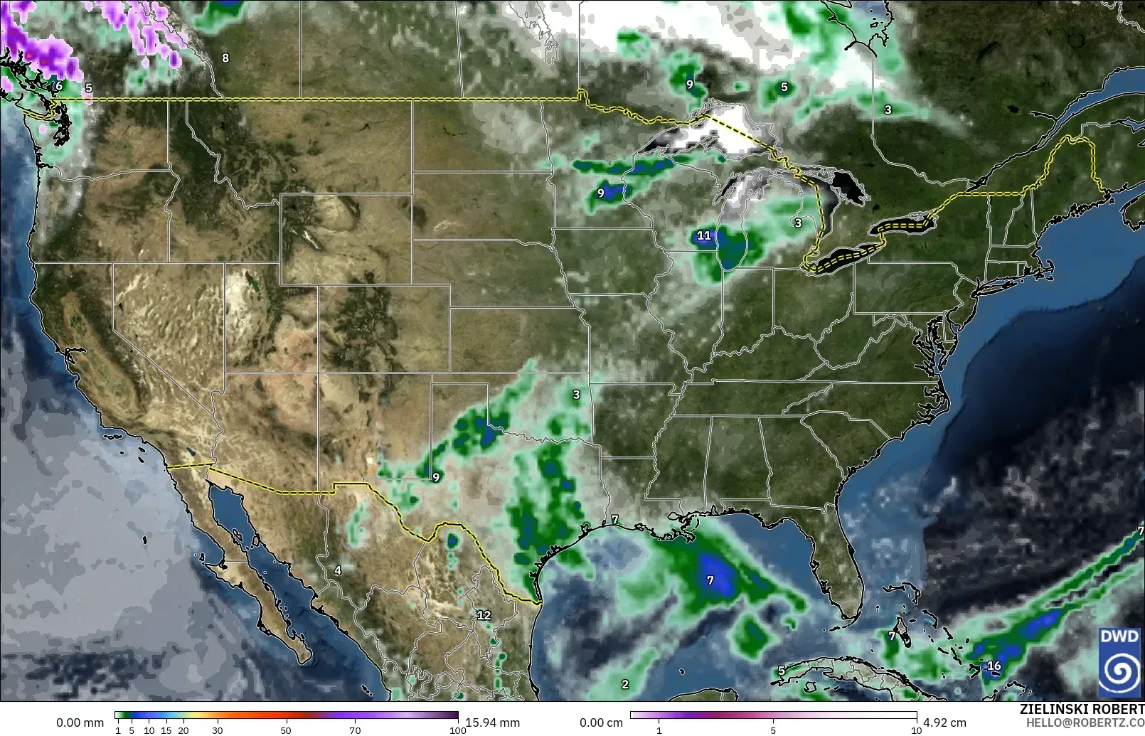 ICON modelo - Estados Unidos, Precipitación, nubes y presión