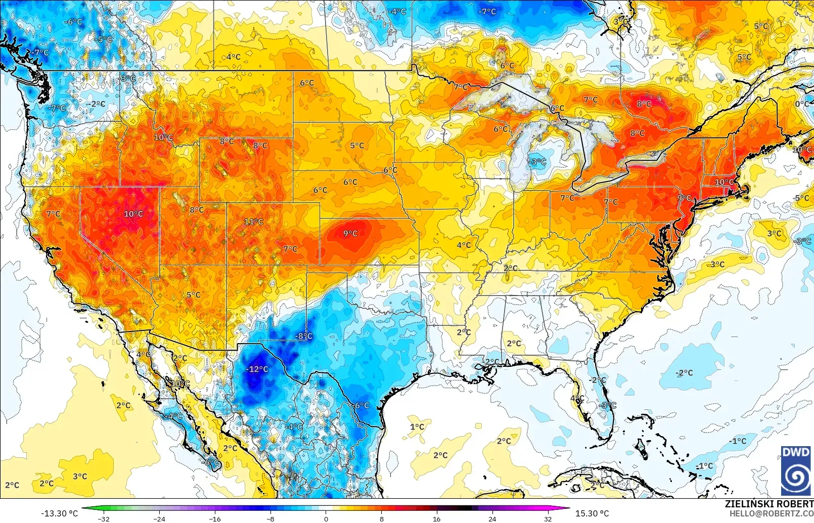 ICON modelo - Estados Unidos, Anomalía de temperatura a 2 m