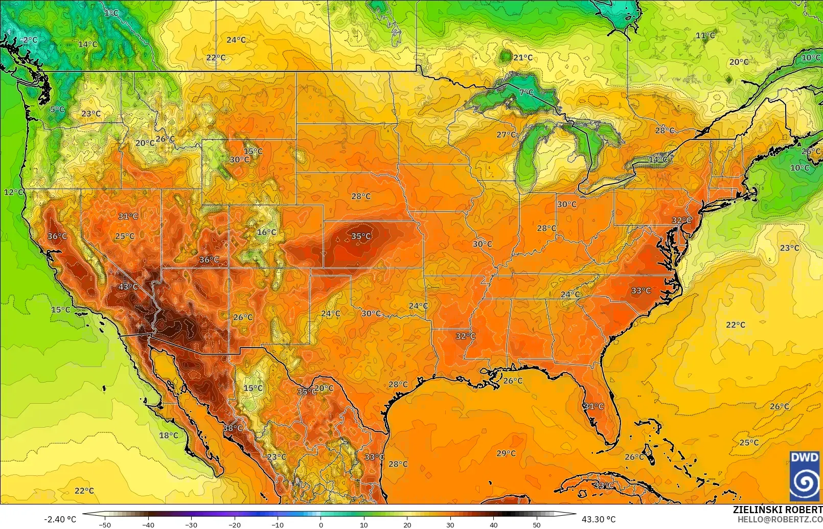 ICON modelo - Estados Unidos, Temperatura a 2 m