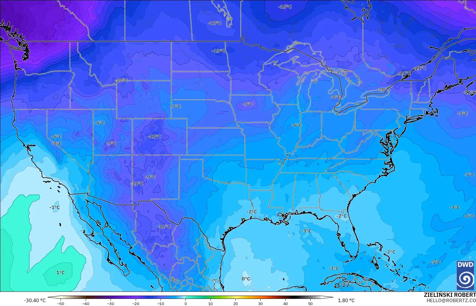 ICON modelo - Estados Unidos, Temperatura a 500 hPa