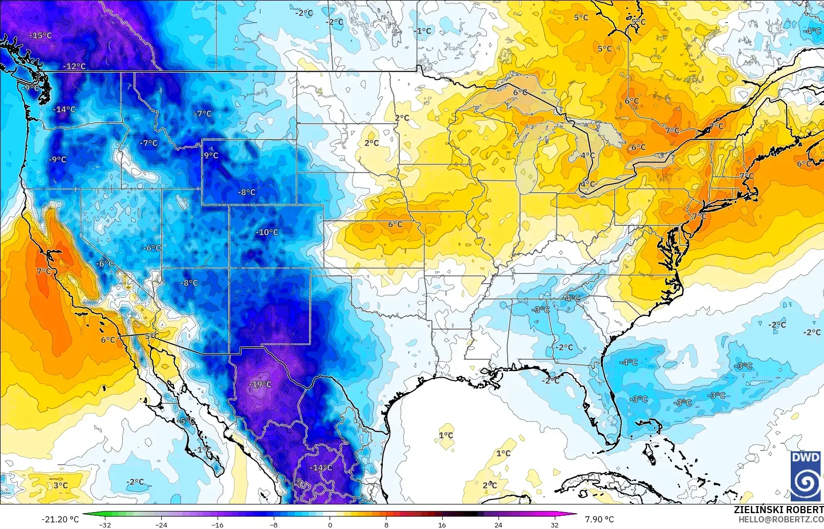 ICON modelo - Estados Unidos, Anomalía de temperatura a 850 hPa