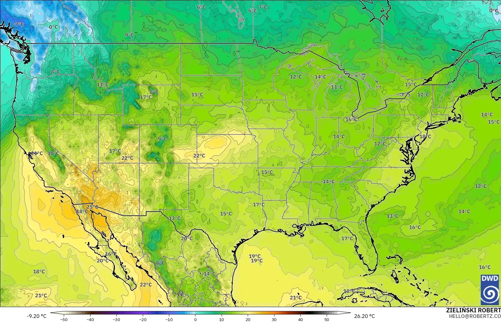ICON modelo - Estados Unidos, Temperatura a 850 hPa