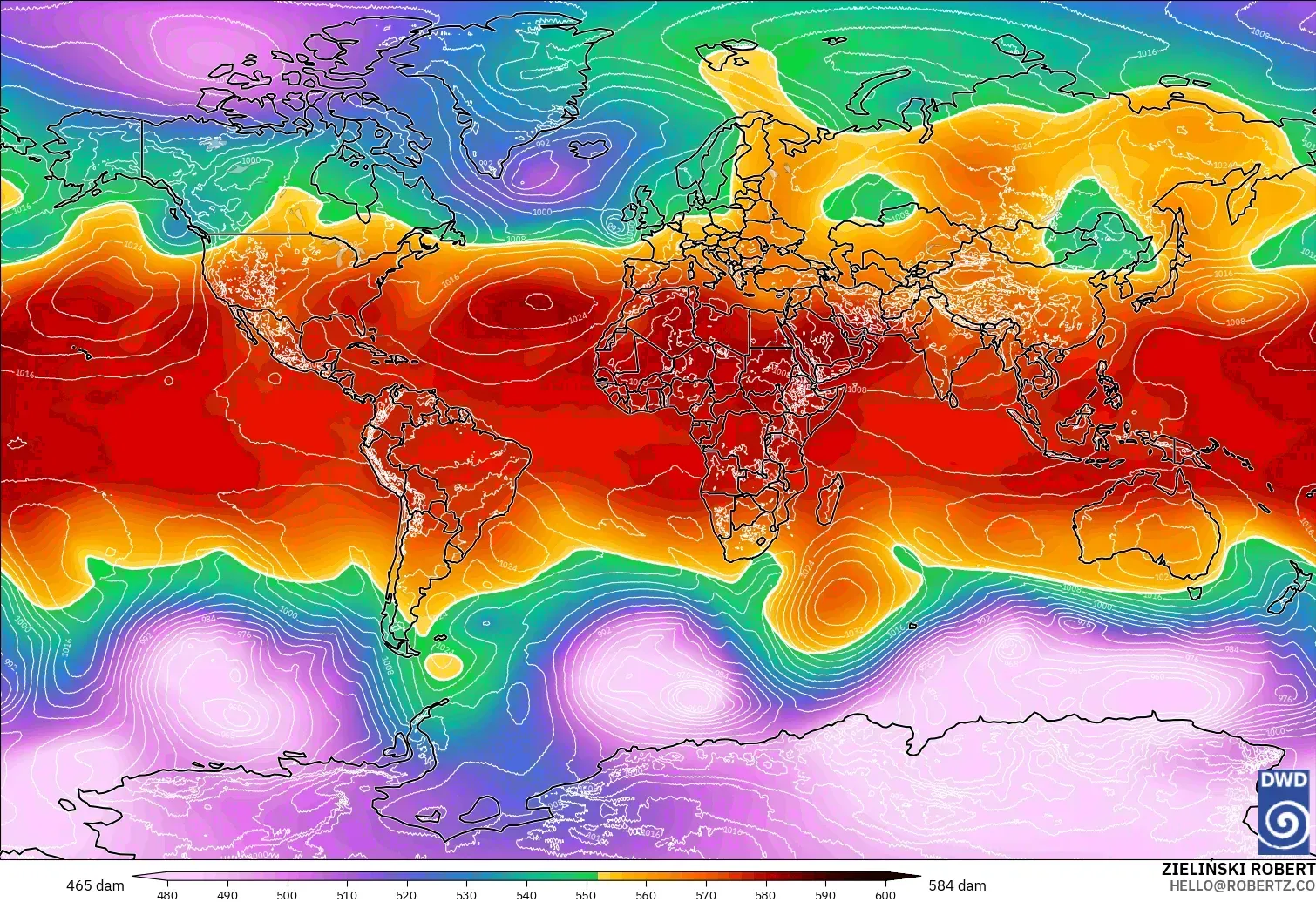 ICON modelo - Mundo, Altura geopotencial a 500 hPa