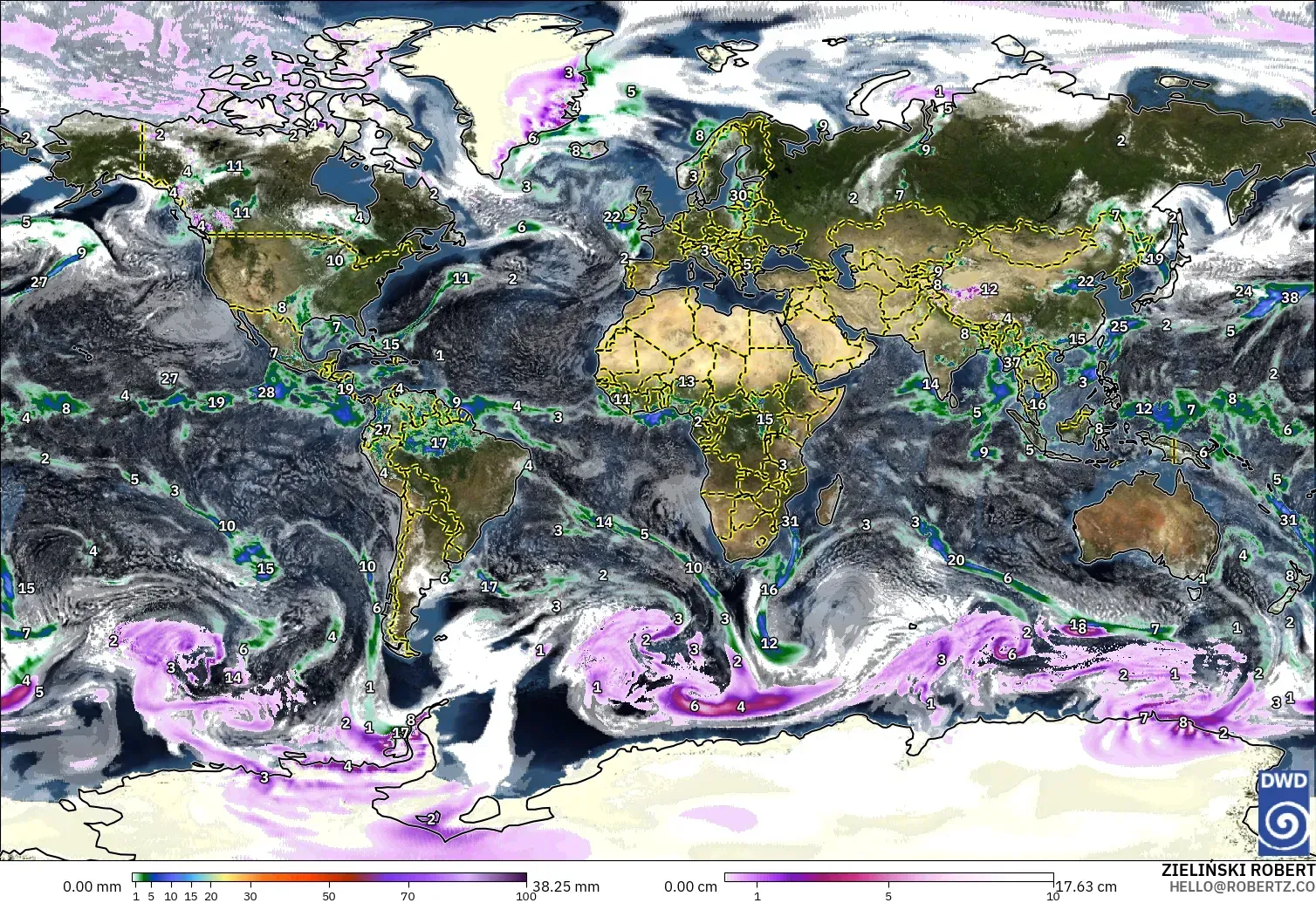 ICON modelo - Mundo, Precipitación, nubes y presión