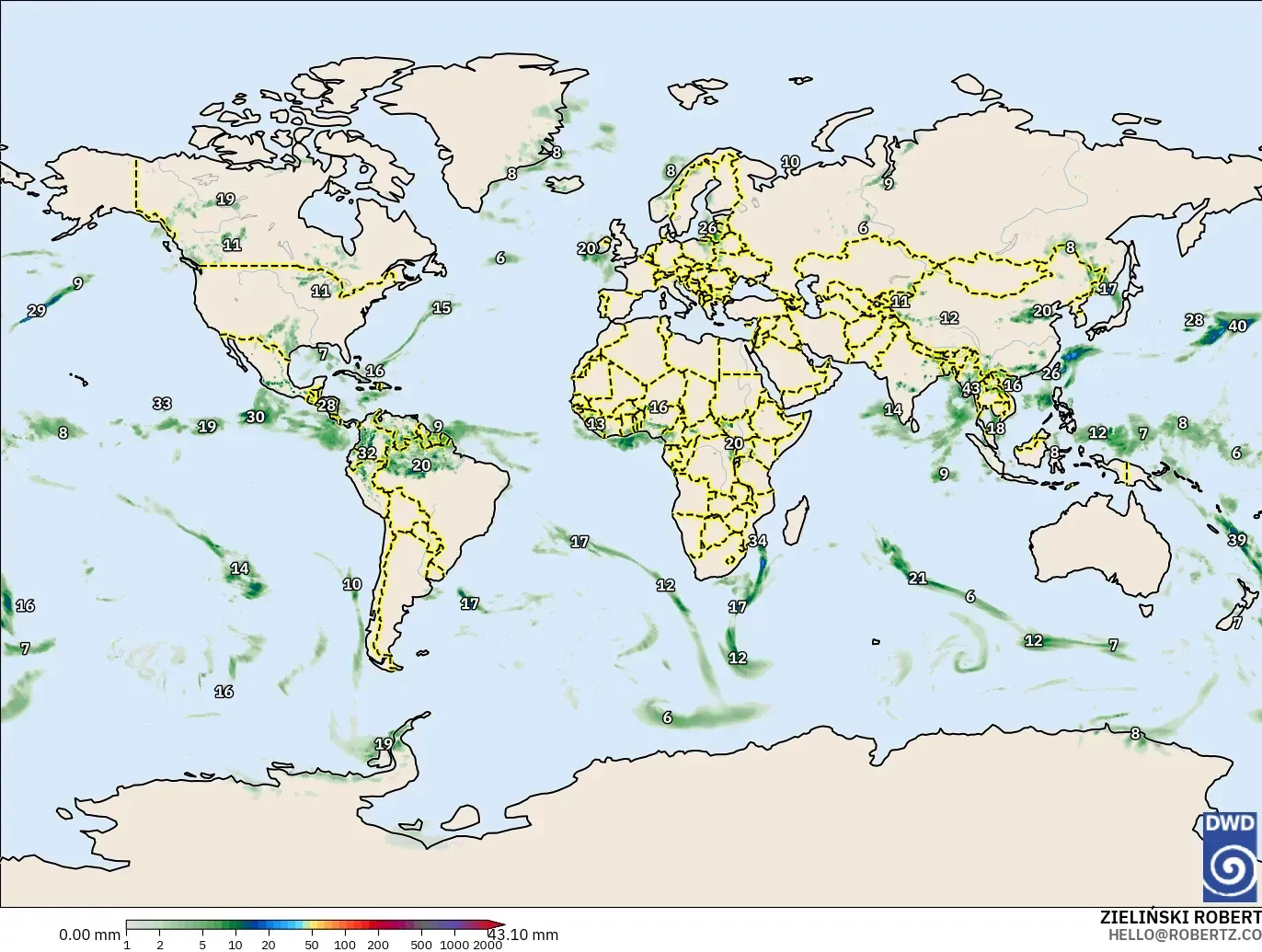 ICON modelo - Mundo, Acumulación de precipitación