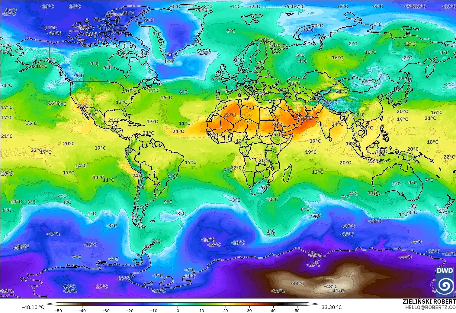 ICON modelo - Mundo, Temperatura a 850 hPa