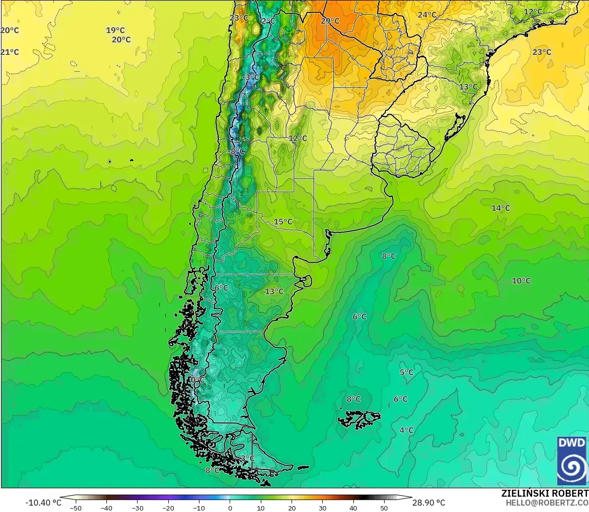 ICON modelo - Argentina, Temperatura a 2 m
