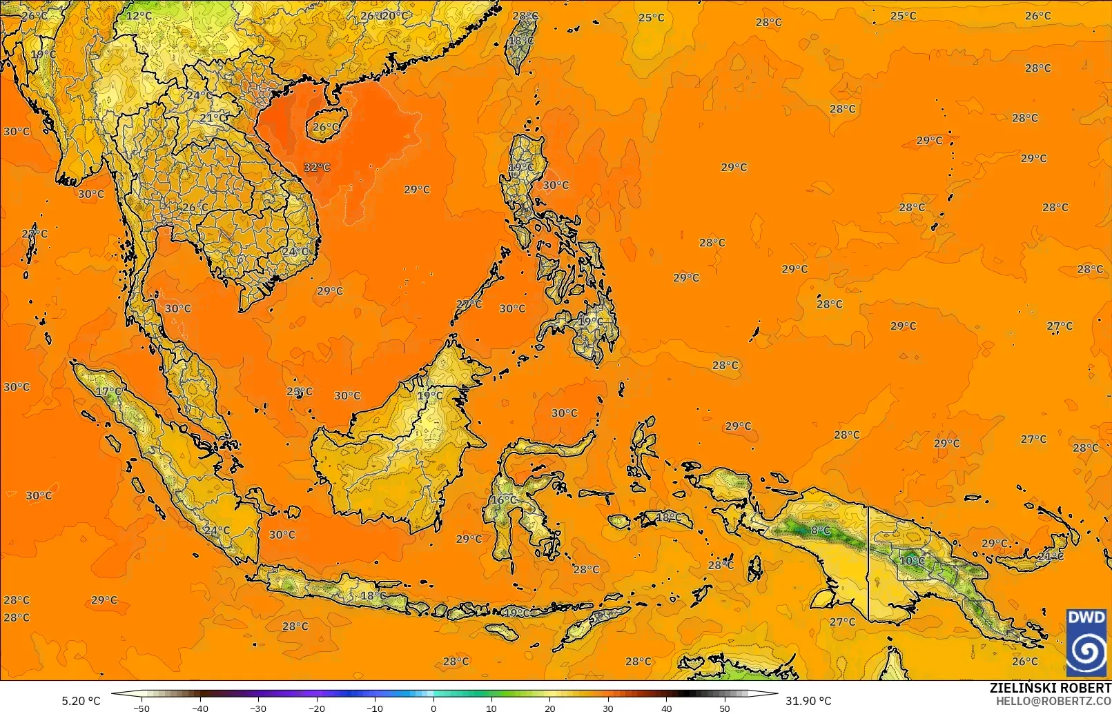 ICON modelo - Sudeste Asiático, Temperatura a 2 m