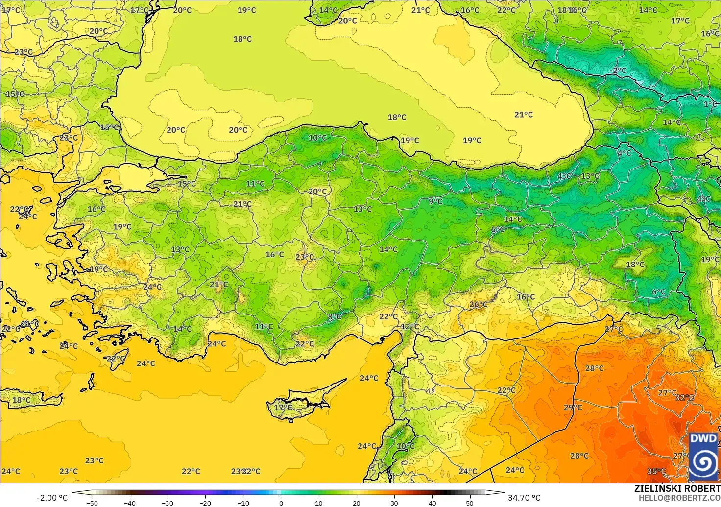 ICON modelo - Turquía, Temperatura a 2 m