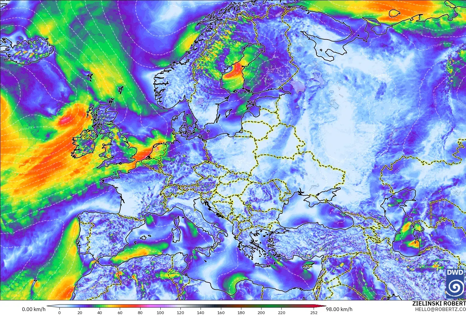 ICON modelo - Europa, Ráfagas de viento