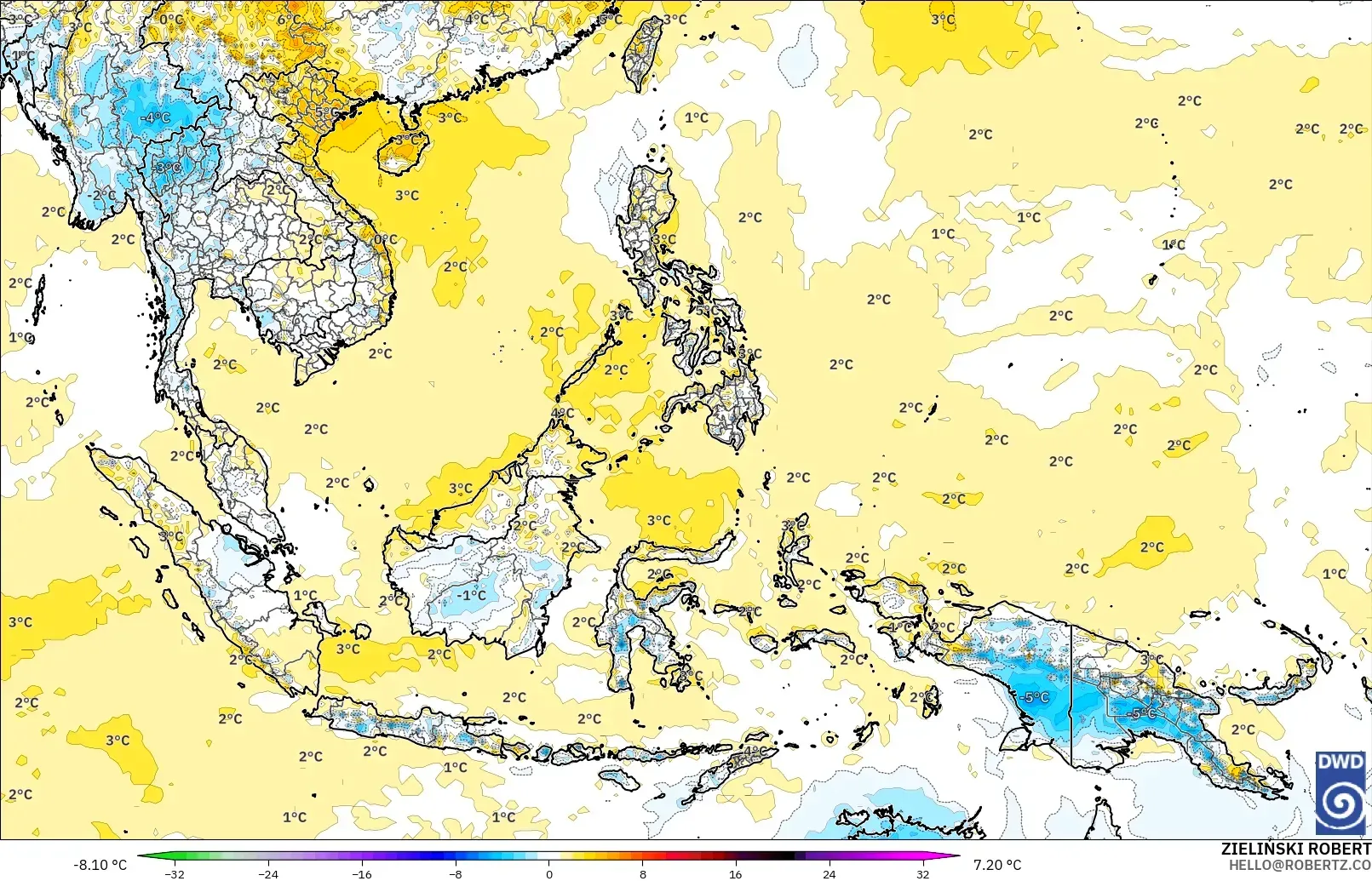 ICON modelo - Sudeste Asiático, Anomalía de temperatura a 2 m