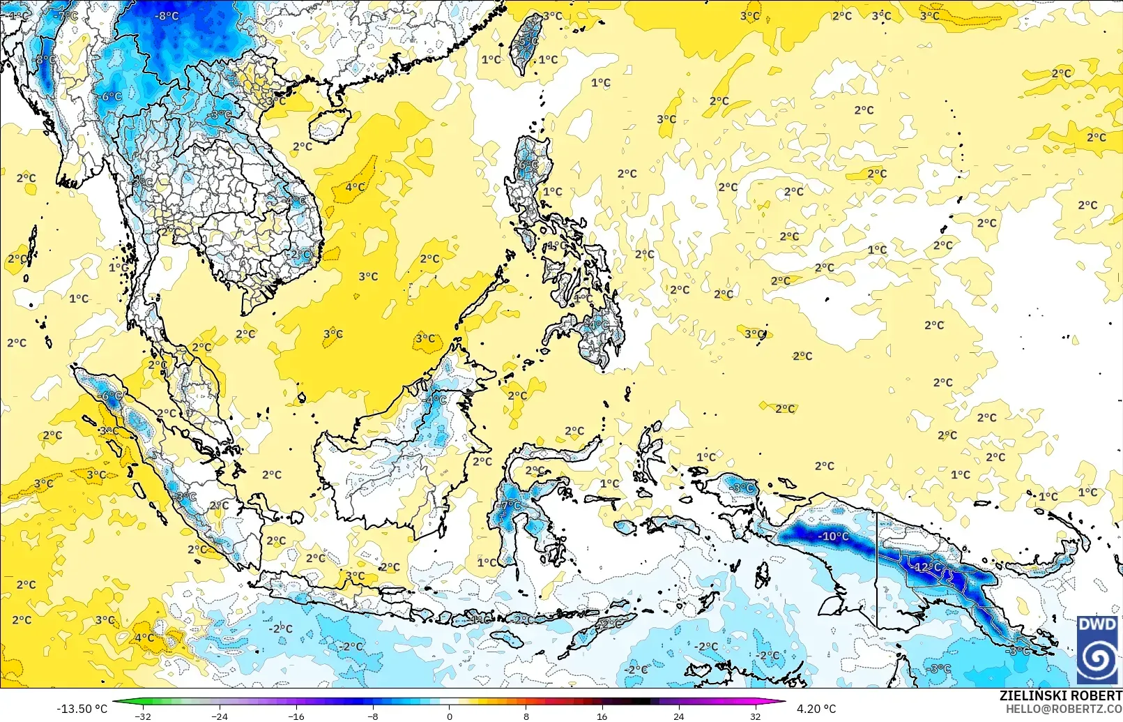 ICON modelo - Sudeste Asiático, Anomalía de temperatura a 850 hPa