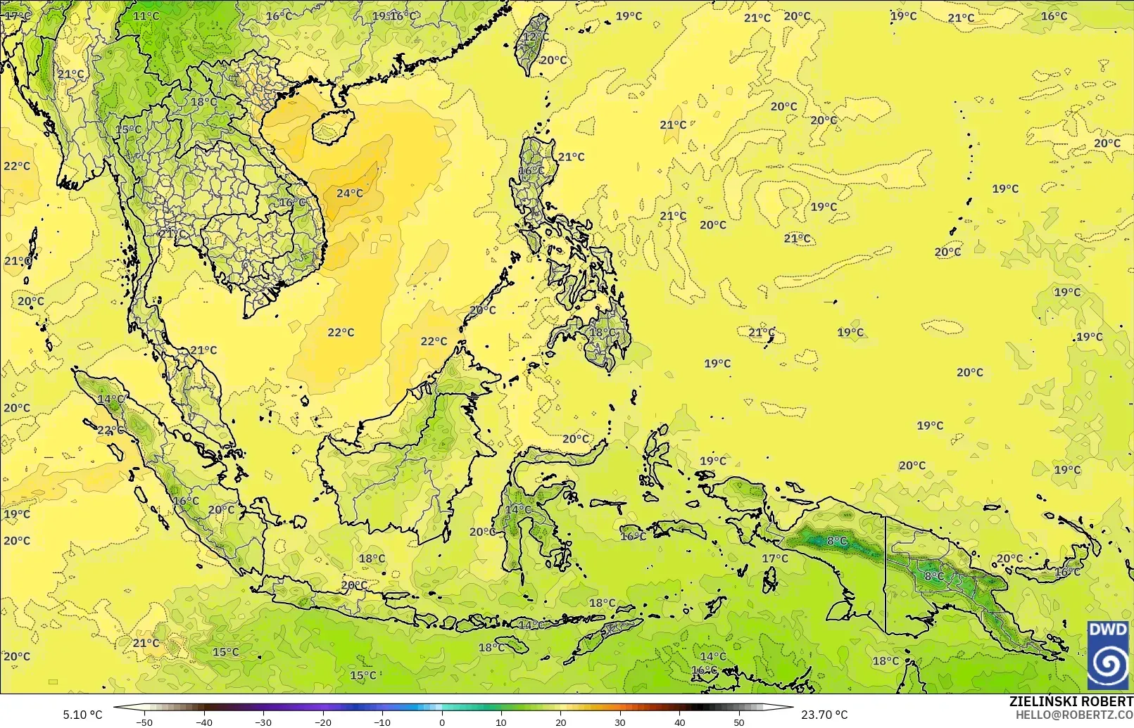 ICON modelo - Sudeste Asiático, Temperatura a 850 hPa