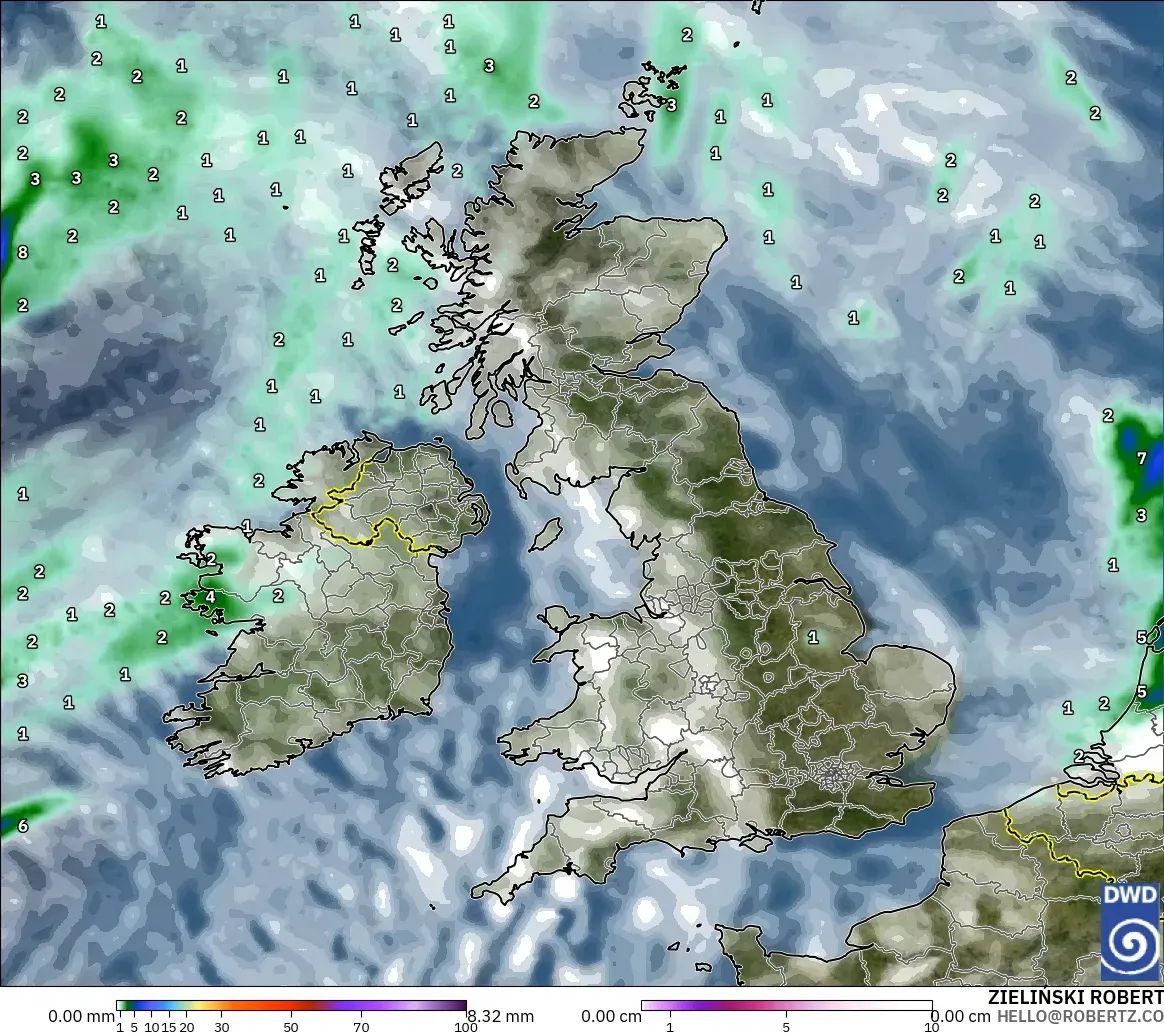 ICON modelo - Reino Unido, Precipitación, nubes y presión