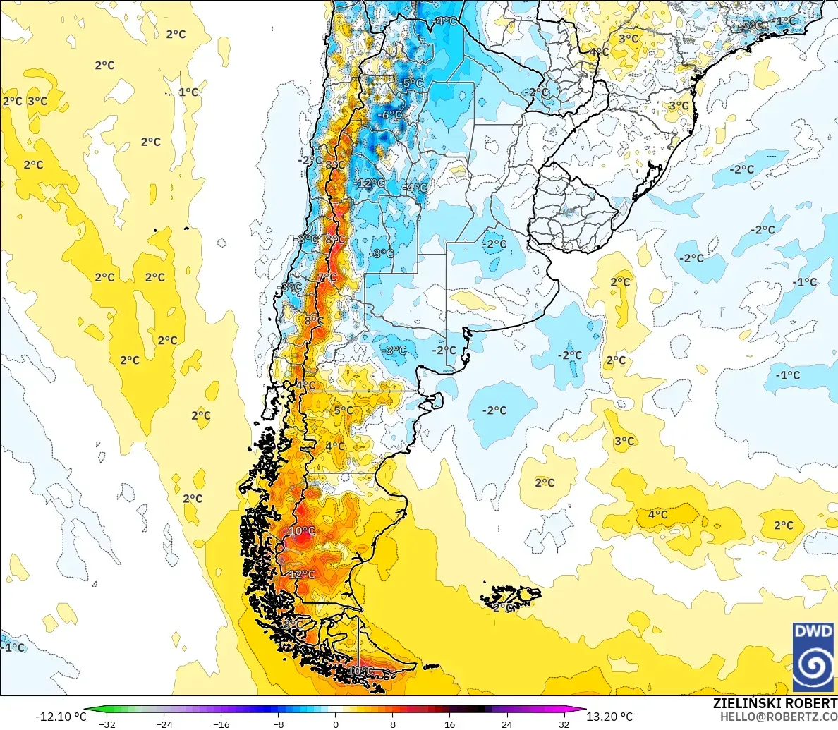 ICON modelo - Argentina, Anomalía de temperatura a 2 m
