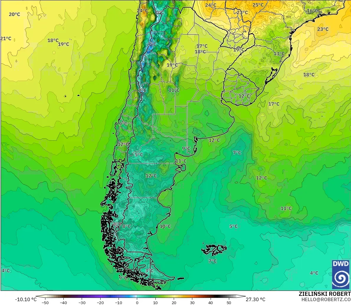 ICON modelo - Argentina, Temperatura a 2 m