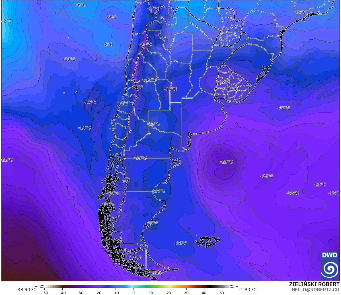 ICON modelo - Argentina, Temperatura a 500 hPa