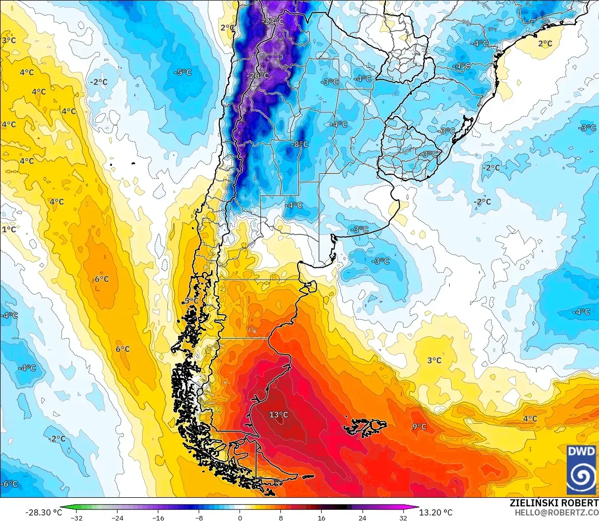 ICON modelo - Argentina, Anomalía de temperatura a 850 hPa