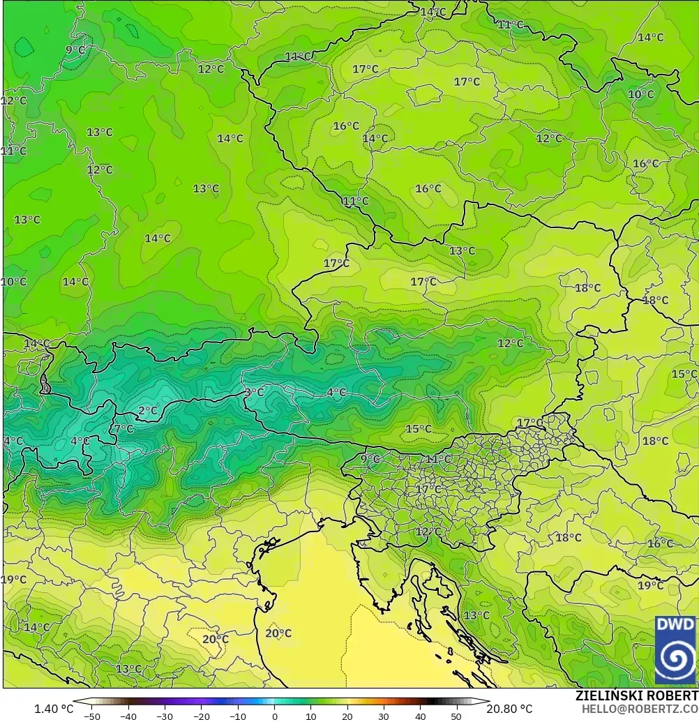 ICON modelo - Austria, Temperatura a 850 hPa