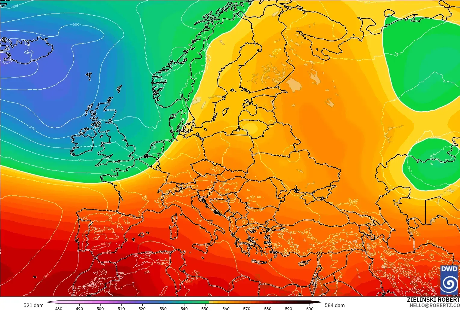 ICON modelo - Europa, Altura geopotencial a 500 hPa