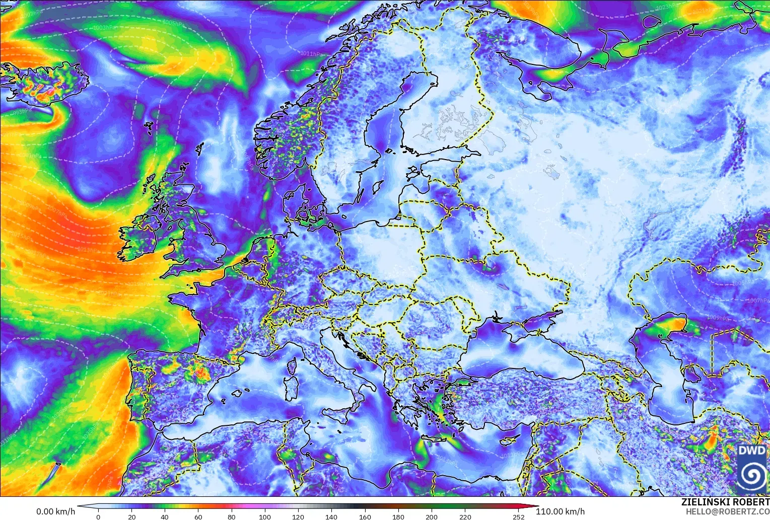 ICON modelo - Europa, Ráfagas de viento