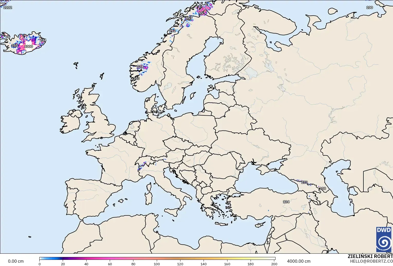 ICON modelo - Europa, Profundidad de nieve