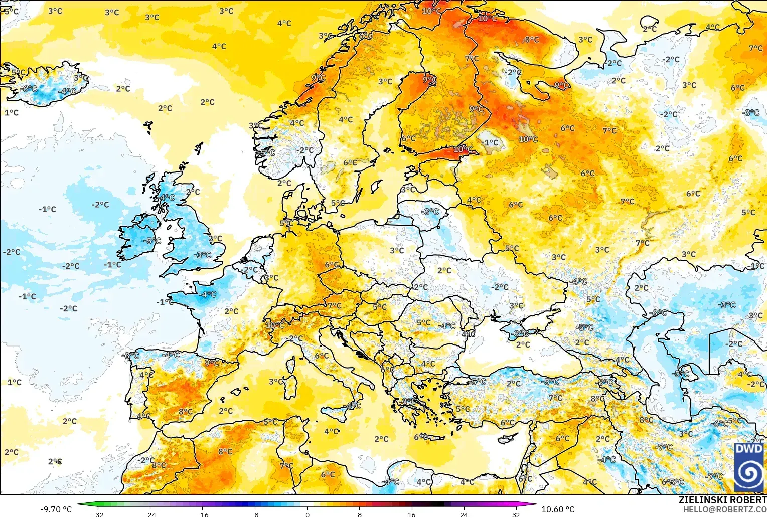 ICON modelo - Europa, Anomalía de temperatura a 2 m