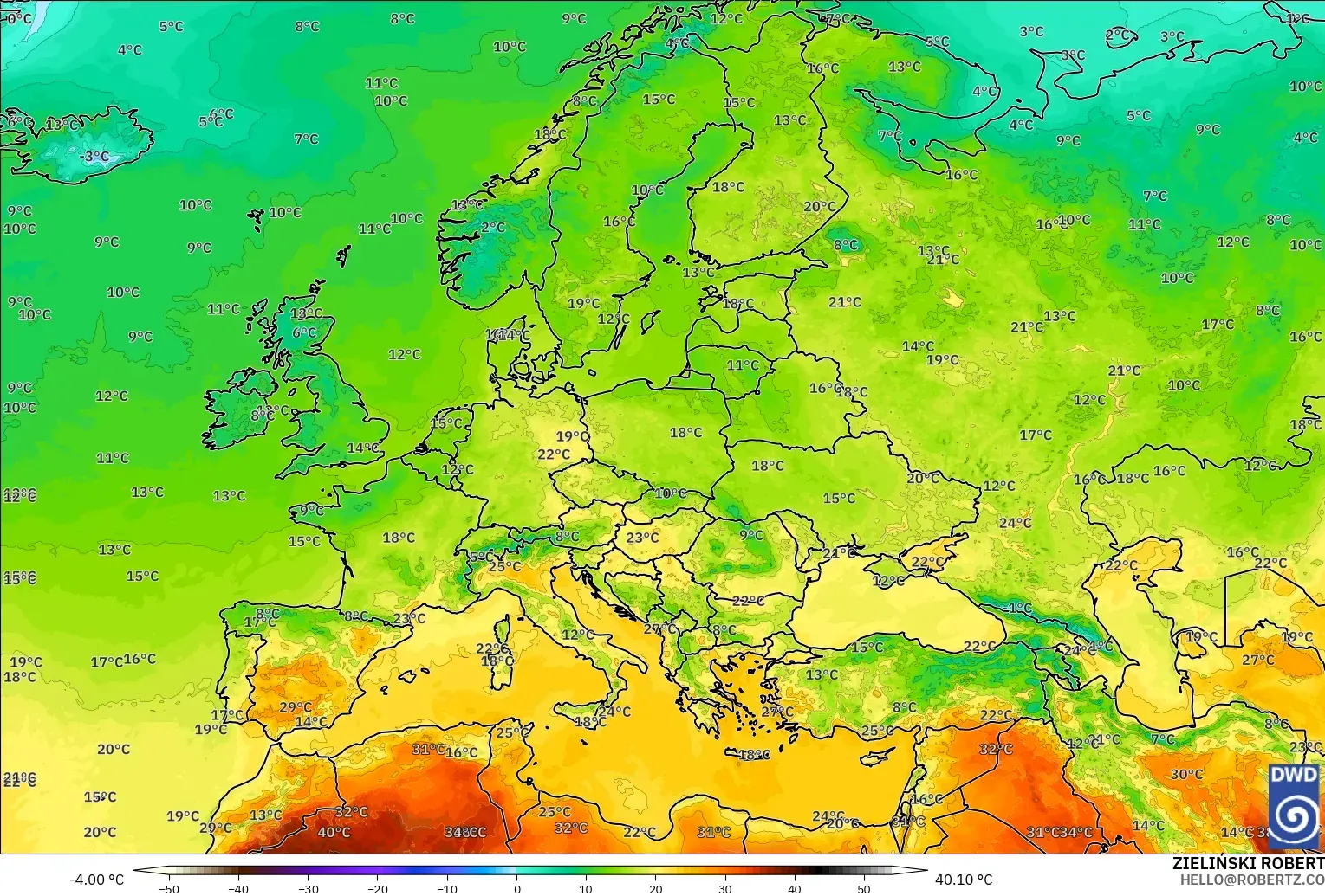 ICON modelo - Europa, Temperatura a 2 m