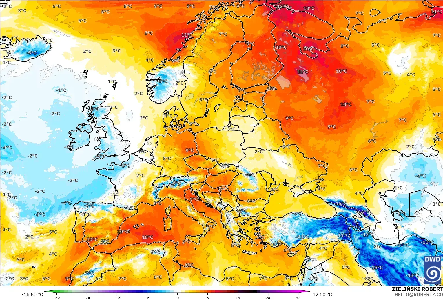ICON modelo - Europa, Anomalía de temperatura a 850 hPa