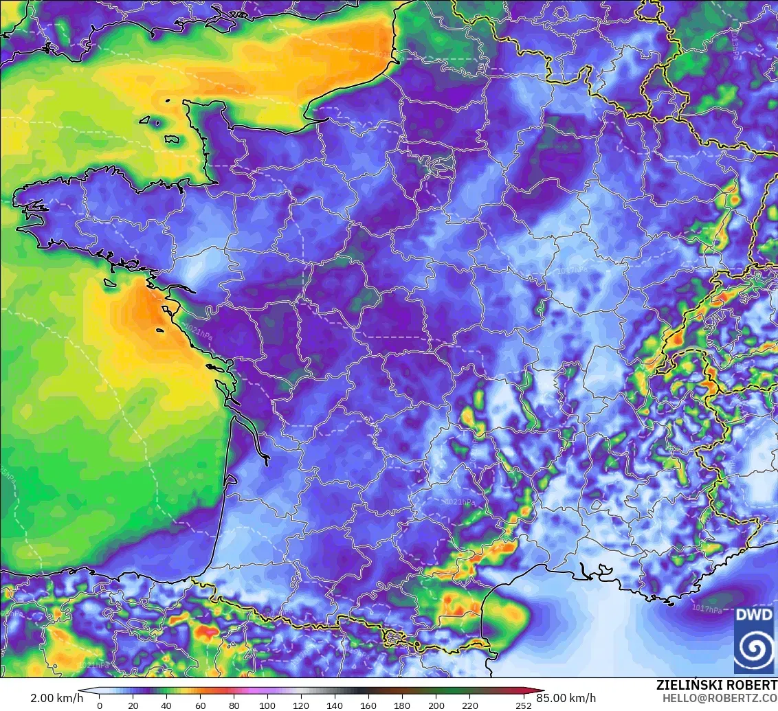 ICON modelo - Francia, Ráfagas de Viento Máximas