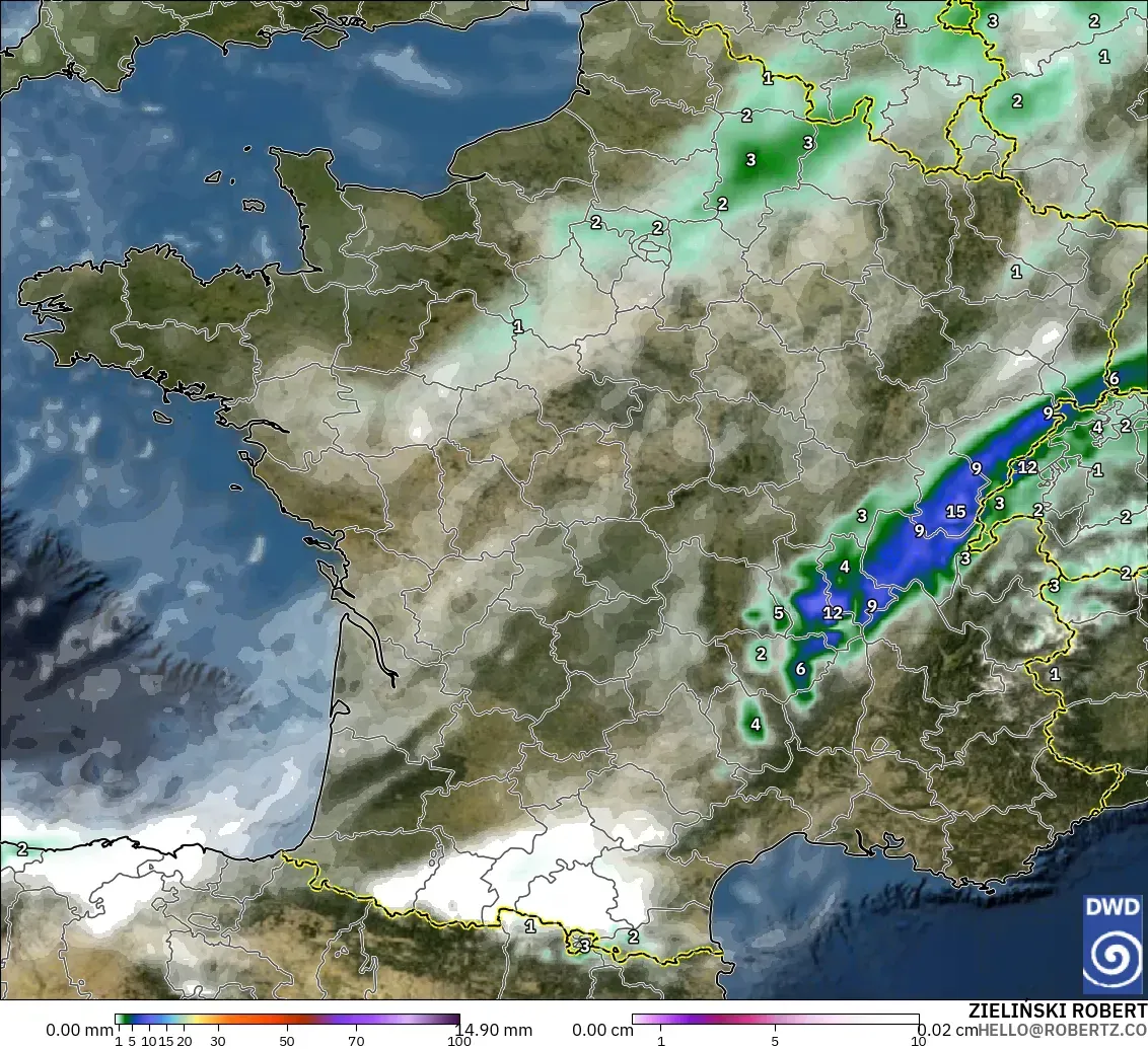 ICON modelo - Francia, Precipitación, nubes y presión