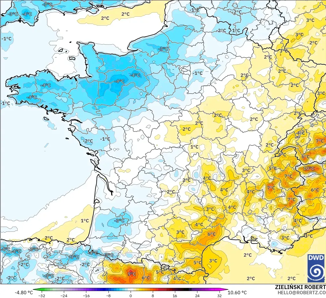 ICON modelo - Francia, Anomalía de temperatura a 2 m