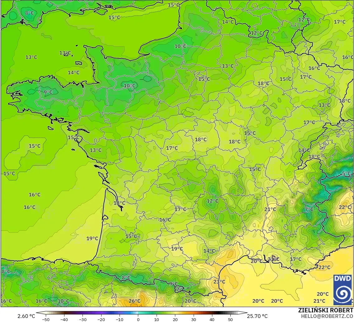 ICON modelo - Francia, Temperatura a 2 m