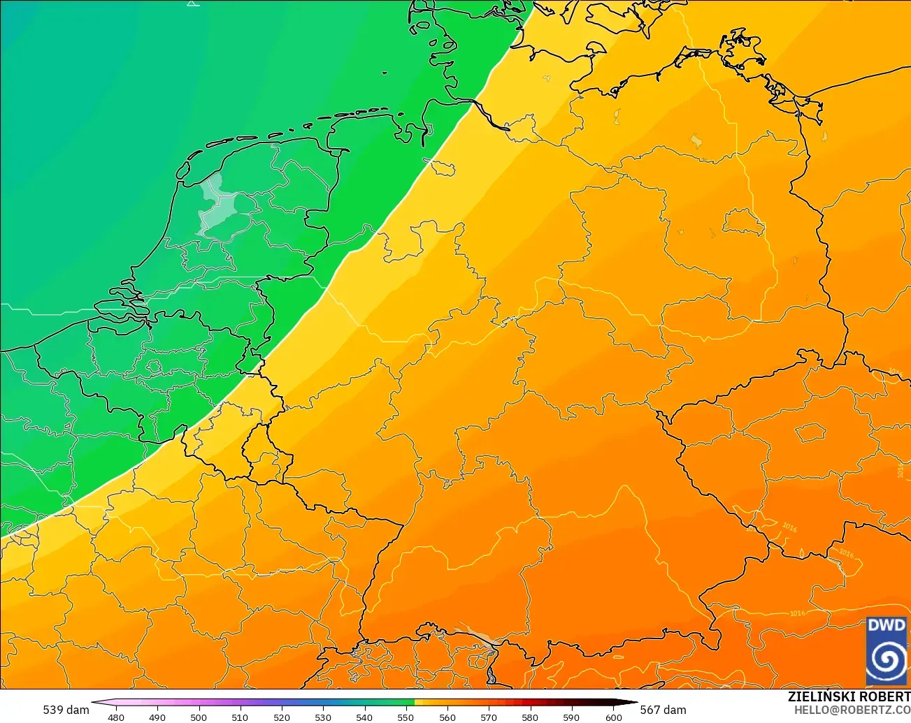 ICON modelo - Alemania, Altura geopotencial a 500 hPa