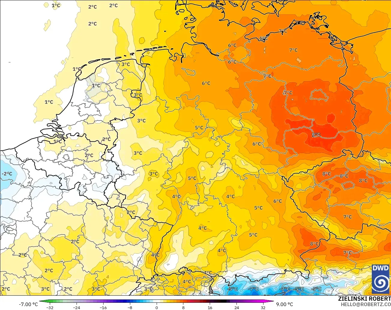 ICON modelo - Alemania, Anomalía de temperatura a 850 hPa