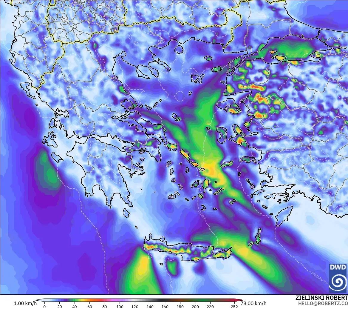 ICON modelo - Grecia, Ráfagas de viento