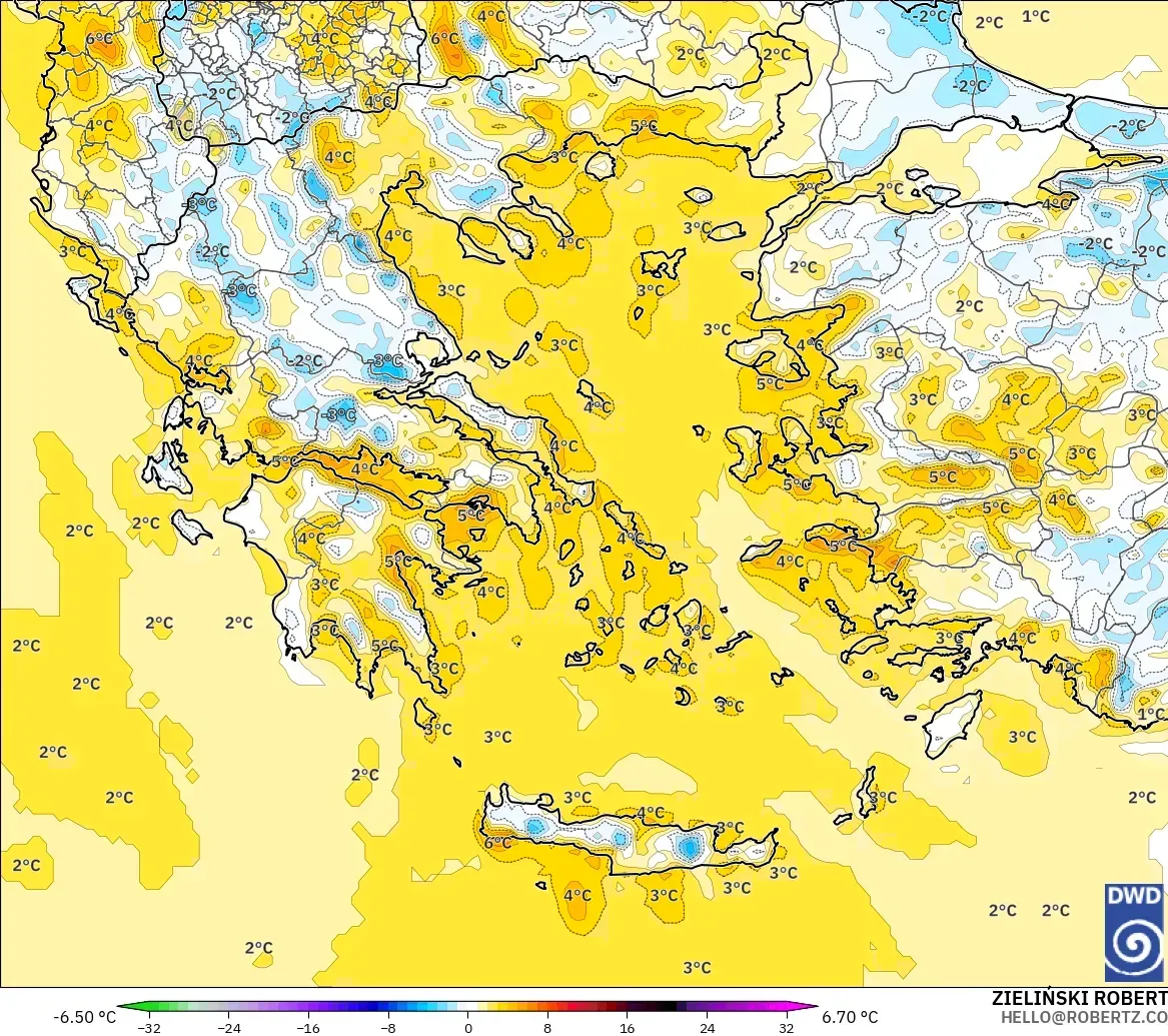 ICON modelo - Grecia, Anomalía de temperatura a 2 m