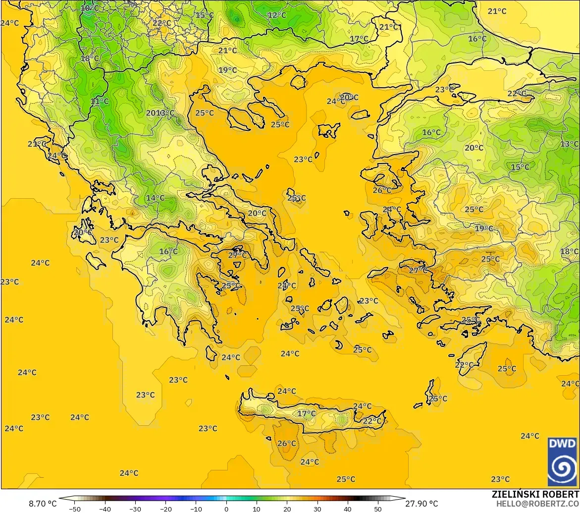 ICON modelo - Grecia, Temperatura a 2 m
