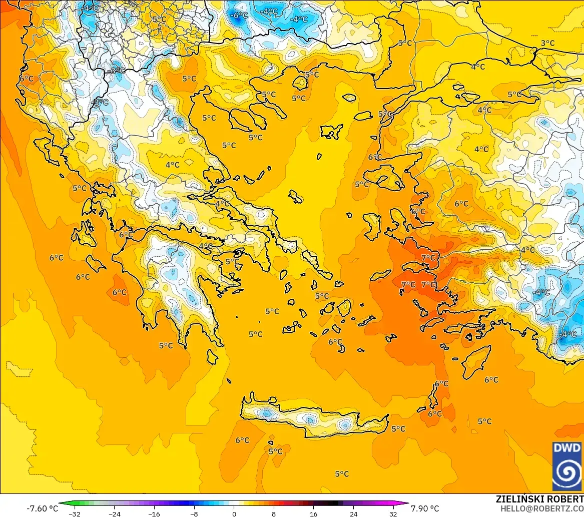 ICON modelo - Grecia, Anomalía de temperatura a 850 hPa