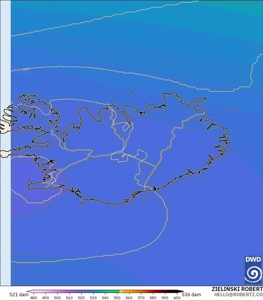 ICON modelo - Islandia, Altura geopotencial a 500 hPa