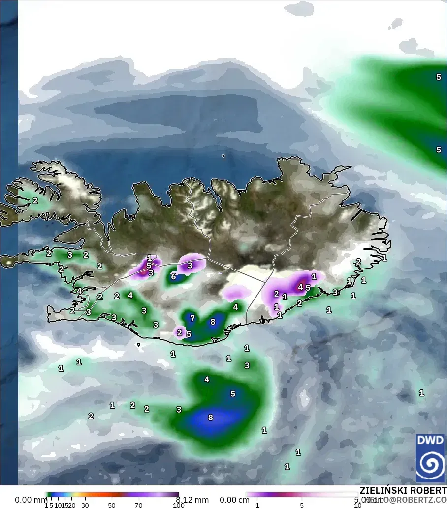 ICON modelo - Islandia, Precipitación, nubes y presión