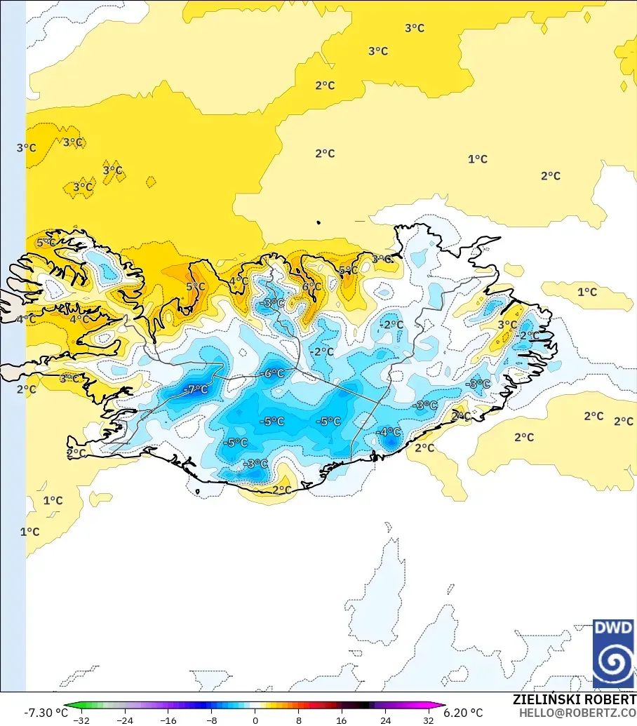 ICON modelo - Islandia, Anomalía de temperatura a 2 m
