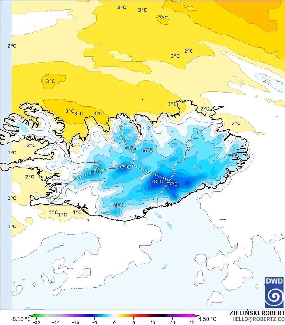 ICON modelo - Islandia, Anomalía de temperatura a 850 hPa