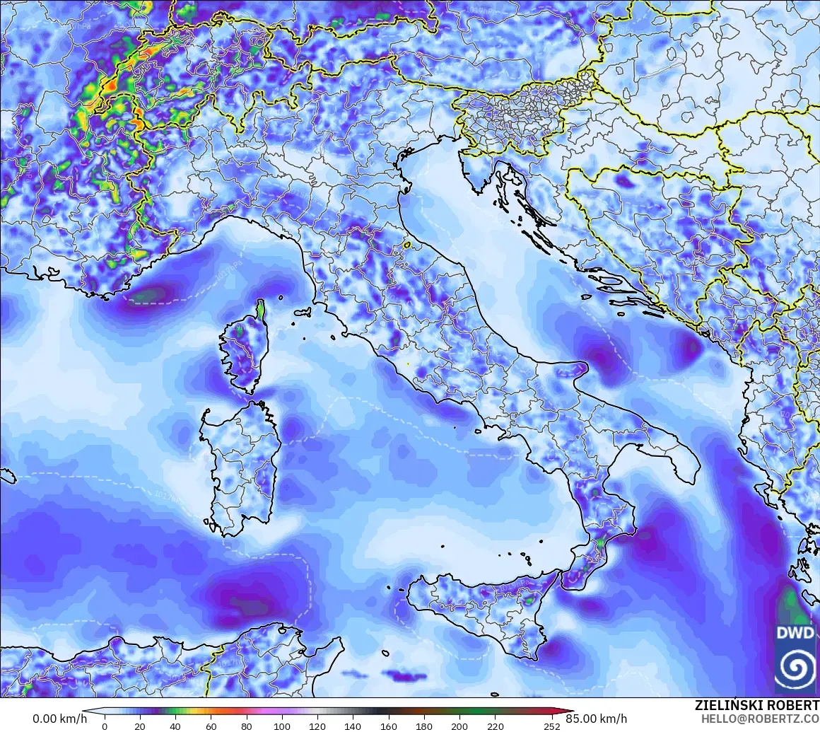 ICON modelo - Italia, Ráfagas de viento