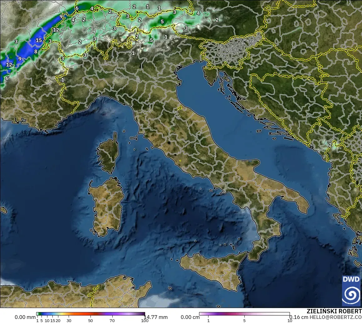 ICON modelo - Italia, Precipitación, nubes y presión