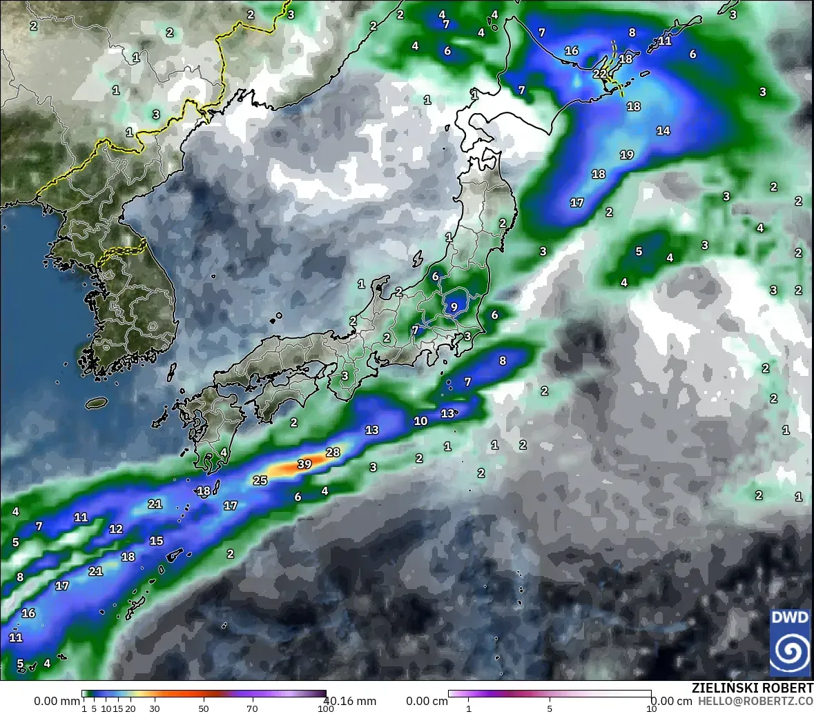 ICON modelo - Japón, Precipitación, nubes y presión