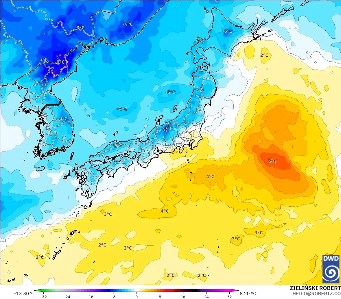 ICON modelo - Japón, Anomalía de temperatura a 850 hPa