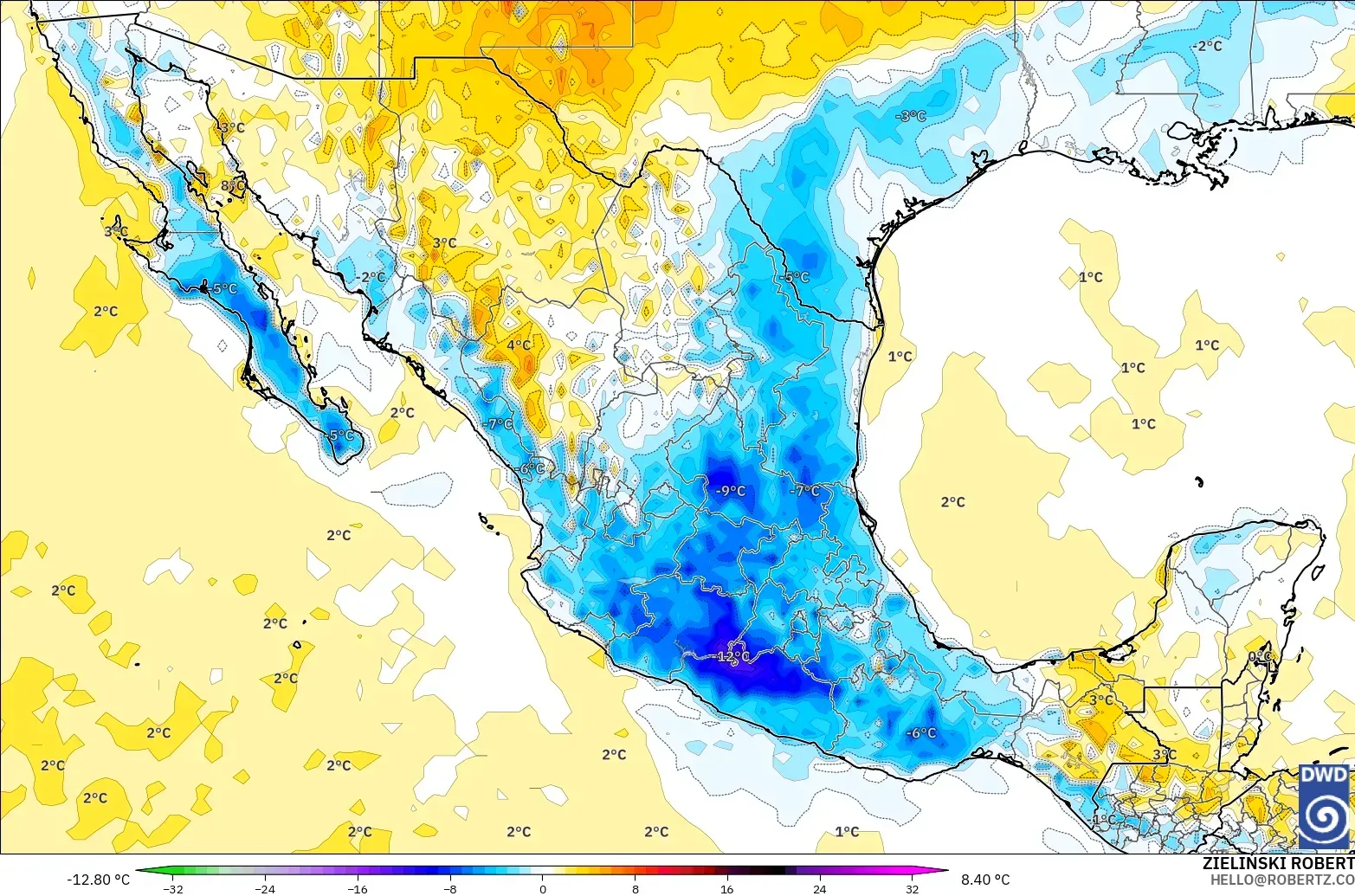 ICON modelo - México, Anomalía de temperatura a 2 m