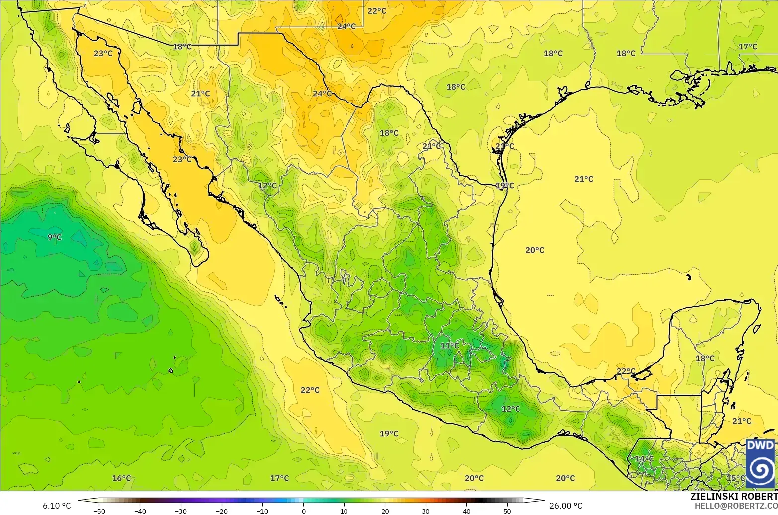 ICON modelo - México, Temperatura a 850 hPa